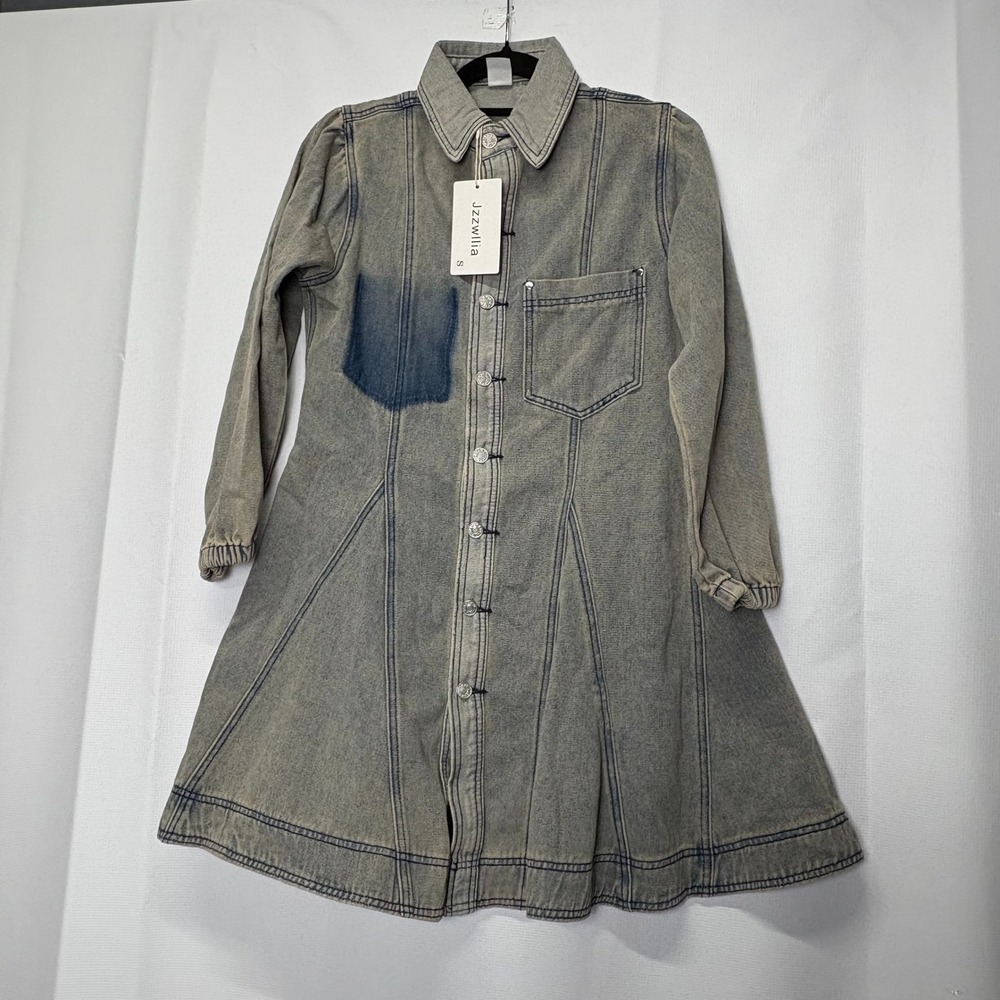 Denim Dress Shirt Dress Long Sleeve Mini Acid Ruffle Wash Small Streetwear Artsy